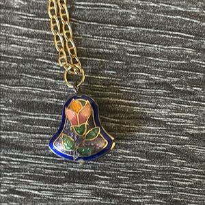 Little bell vintage cloissone enamel pendant necklace, two sided puffy pendant